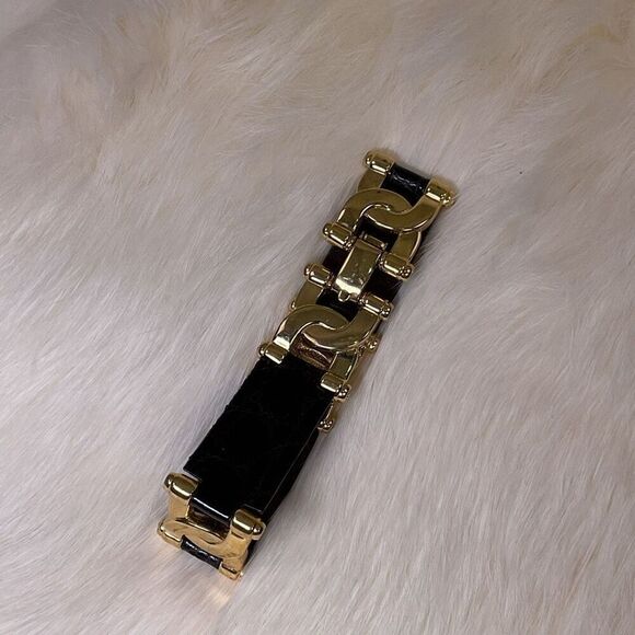 Vintage Burberry Black Leather Silver and Gold Link Bracelet Stamped - Picture 4 of 15